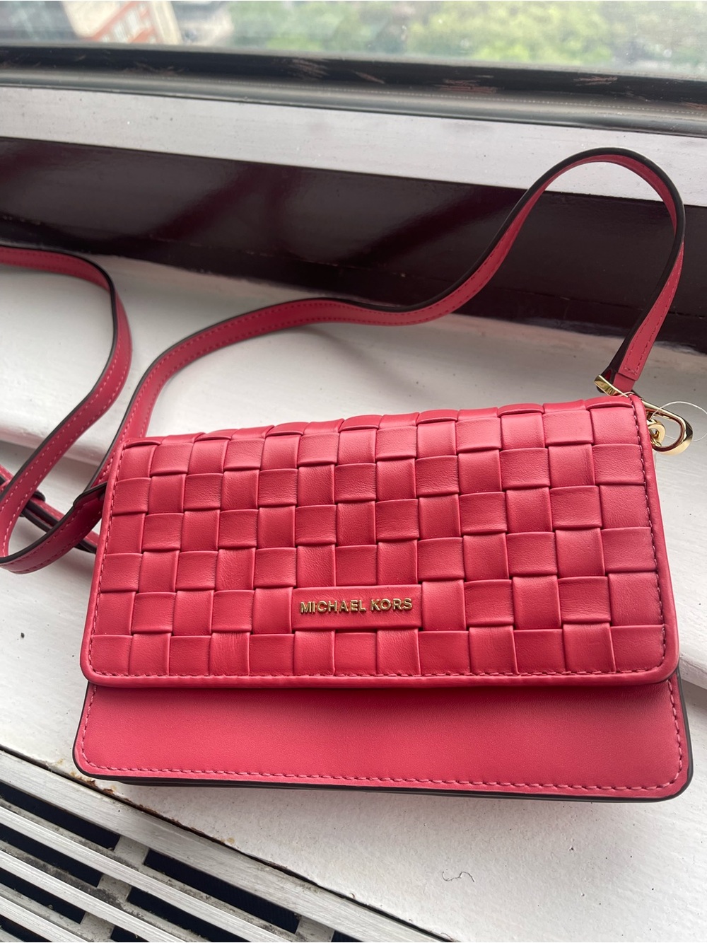 Michael Kors Coral Pink Woven Leather Crossbody Bag